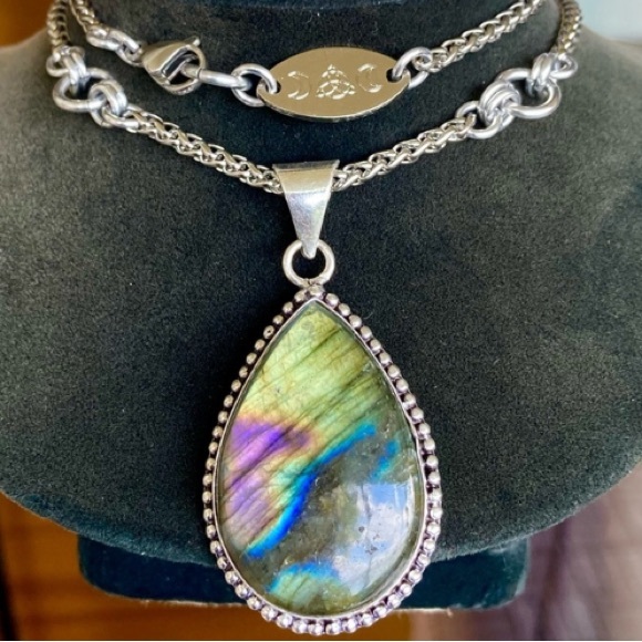 925 Sterling silver overlay iridescent rainbow pink blue labradorite necklace - Picture 3 of 14